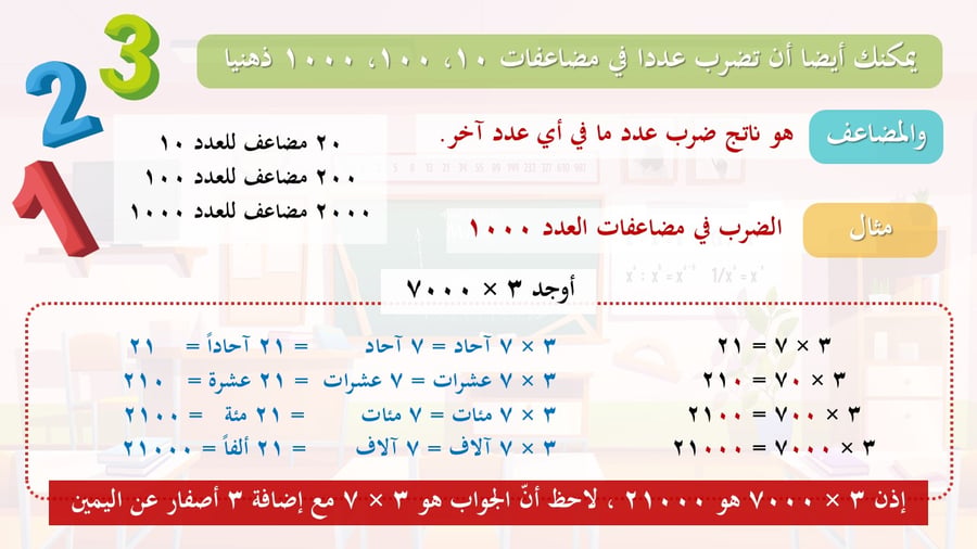عرض بوربوينت تعليمي: الضرب في مضاعفات 10 و100 و1000