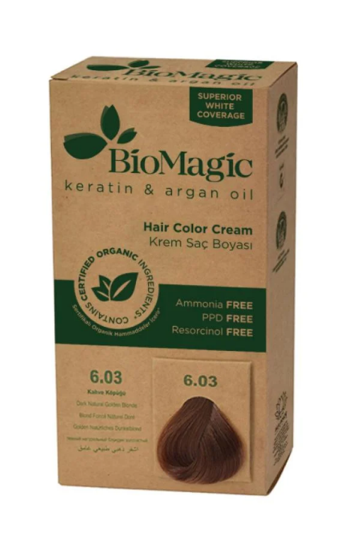 BioMagic صبغة شعر 6.03 أشقر ذهبي طبيعي غامق – تغطية مثالية مع زيت الأرجان