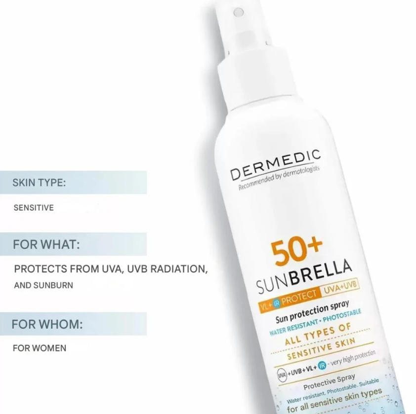 أفضل بخاخ واقي شمس سنبريلا من ديرميديك SPF50 – مناسب لجميع أنواع البشرة الحساسة