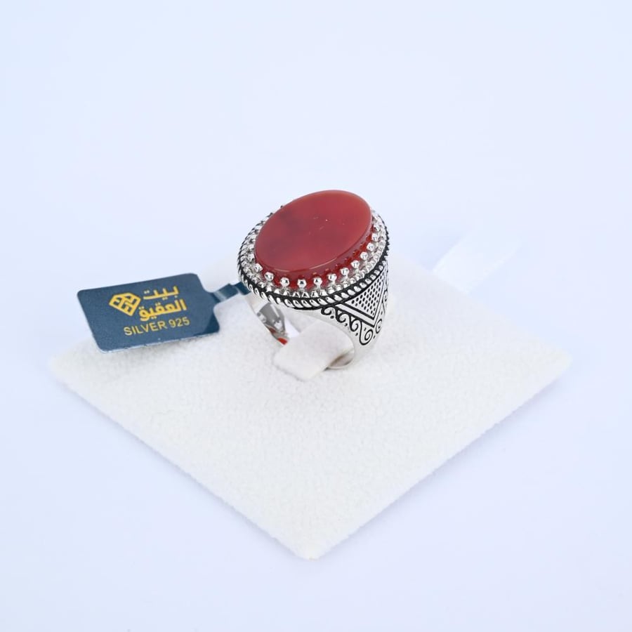 هدية رجالية فاخرة | طقم فضة 925 بعقيق كبدي برازيلي فاخر