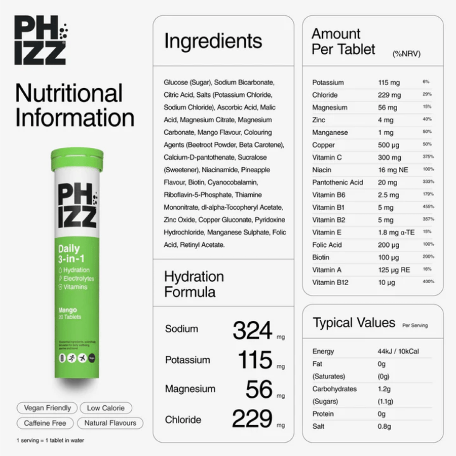 فيز ديلي 3 في 1 أقراص فوارة بنكهة المانجو  – 20 قرص - Phizz Daily 3-in-1 Mango Flavoured Effervescent Tablets – 20 Eff Tabs