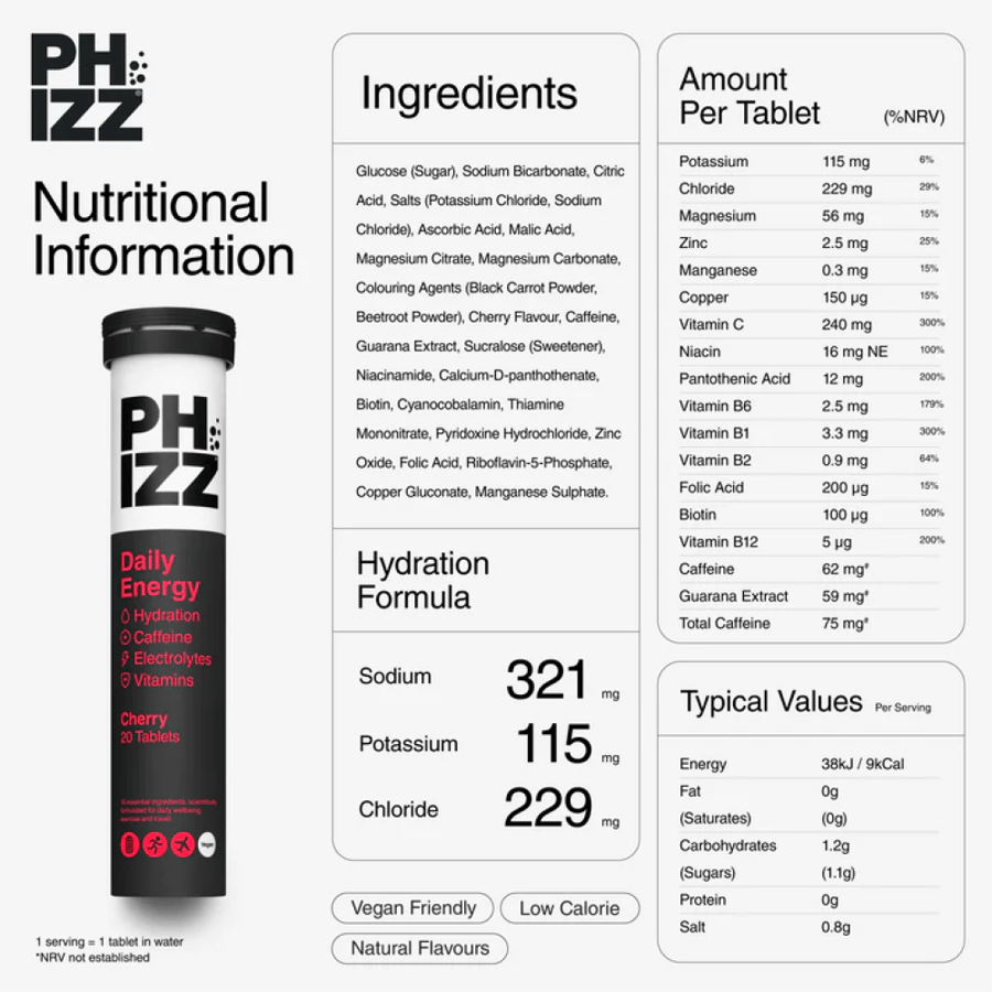 فيز طاقة يومية أقراص فوارة بنكهة الكرز – 20 قرص - Phizz Daily Energy Cherry Flavoured Effervescent Tablets – 20 Eff Tabs