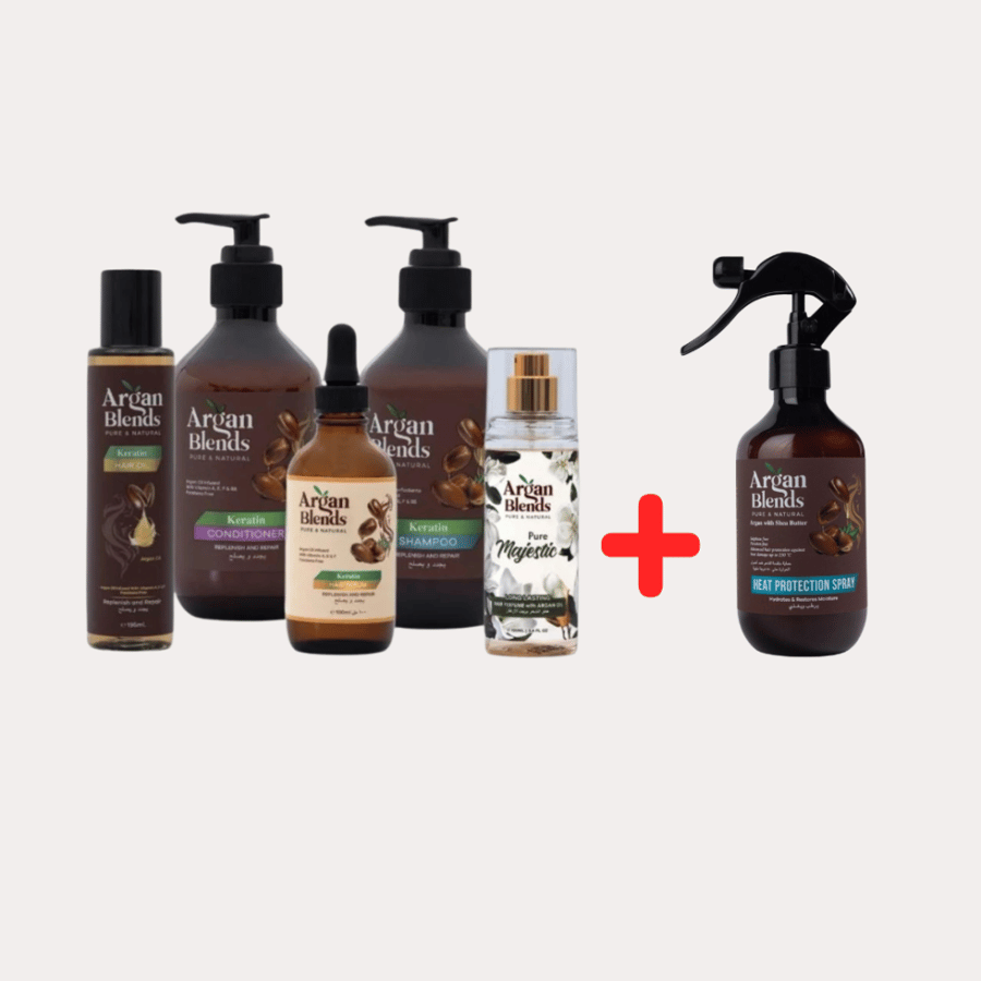 طقم مجموعة الكيراتين (شامبو - بلسم - زيت - سيروم - عطر) مع بخاخ الحماية من الحرارة