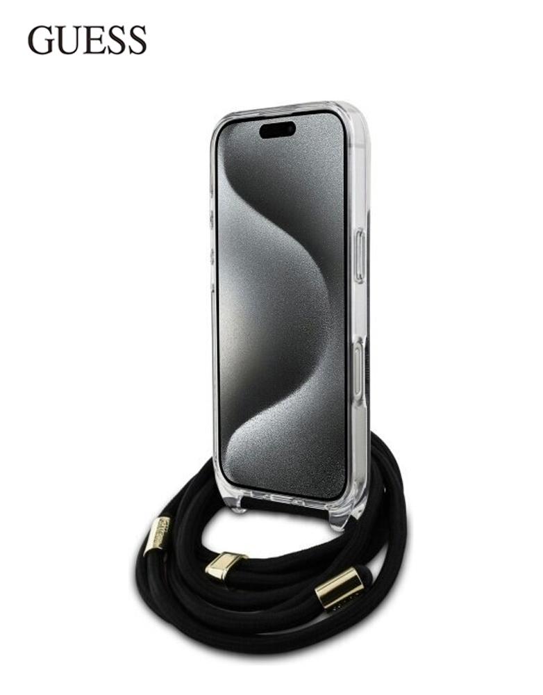 كفر ايفون 16 برو من GUESS - بتصميم نقشة 4G وشعار GUESS - حبل كتف -أسود