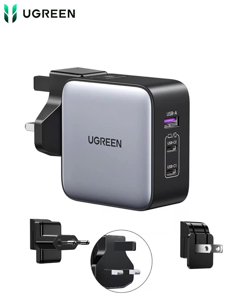 شاحن عالمي 65 واط UGREEN - منفذين Type-C ومنفذ USB - بثلاثة مقابس طاقة