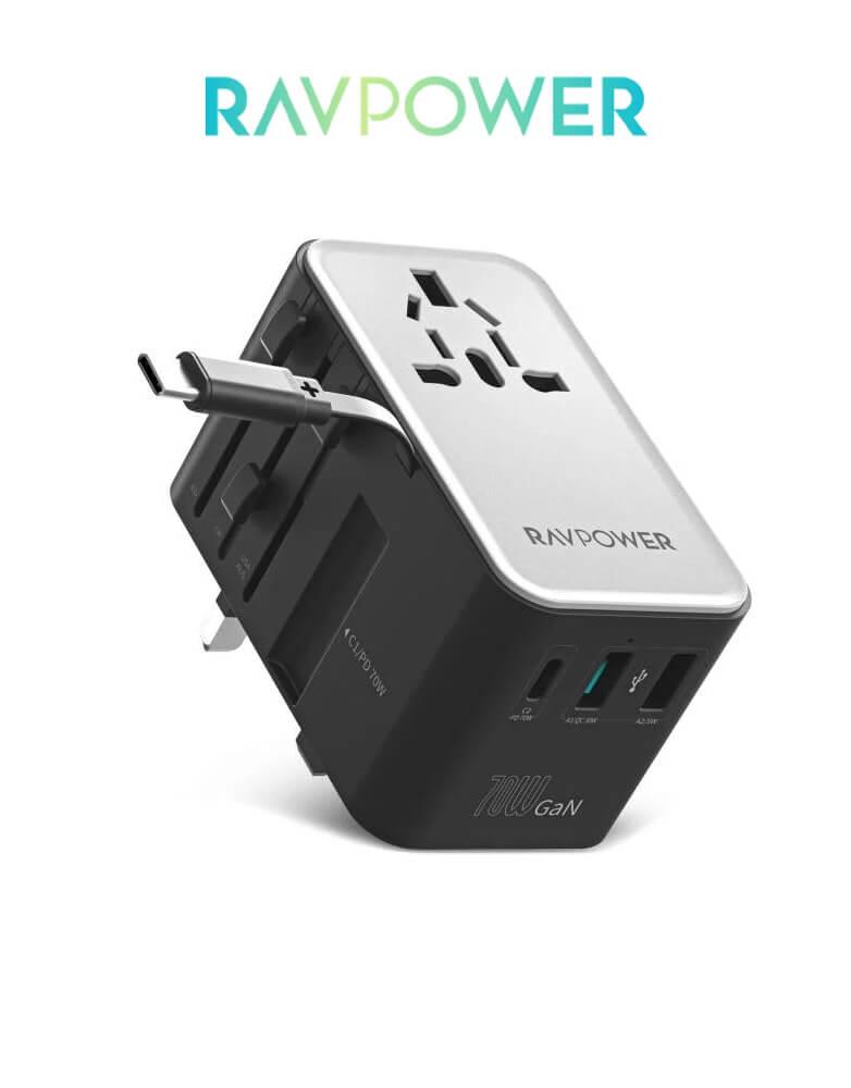 شاحن سفر الذكي 70W متعدد المداخل بسلك تايب سي مدمج RAVPower RP-PC1061