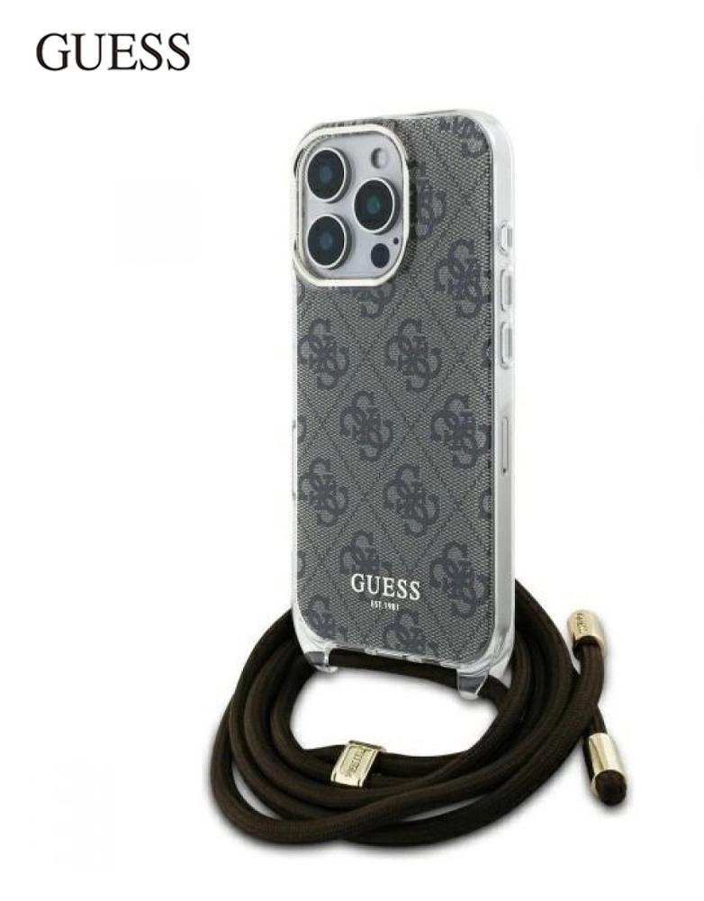 كفر ايفون 16 برو من GUESS - بتصميم نقشة 4G وشعار GUESS - حبل كتف - بني