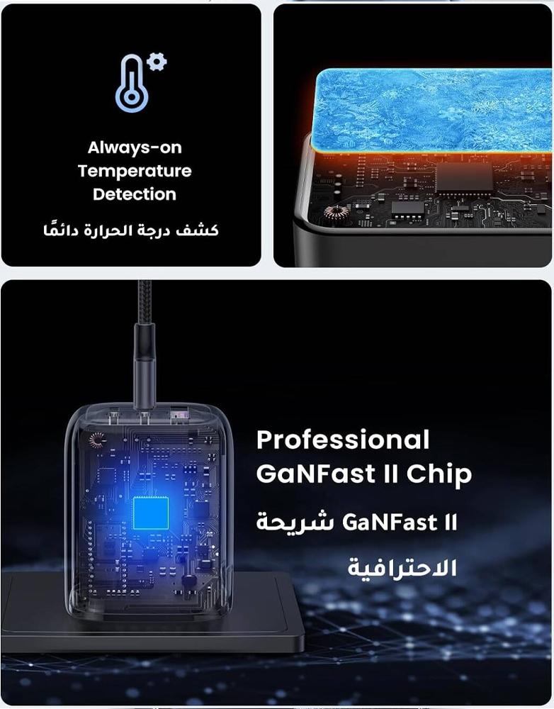 شاحن جداري 65 واط UGREEN CD226 - بـ3 منافذ Type-C ومنفذ USB-A - رمادي