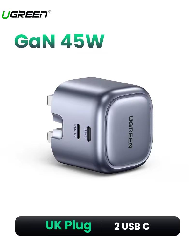 شاحن جداري 45 واط UGREEN CD294 - منفذين Type-C - شحن السريع GaN -رمادي