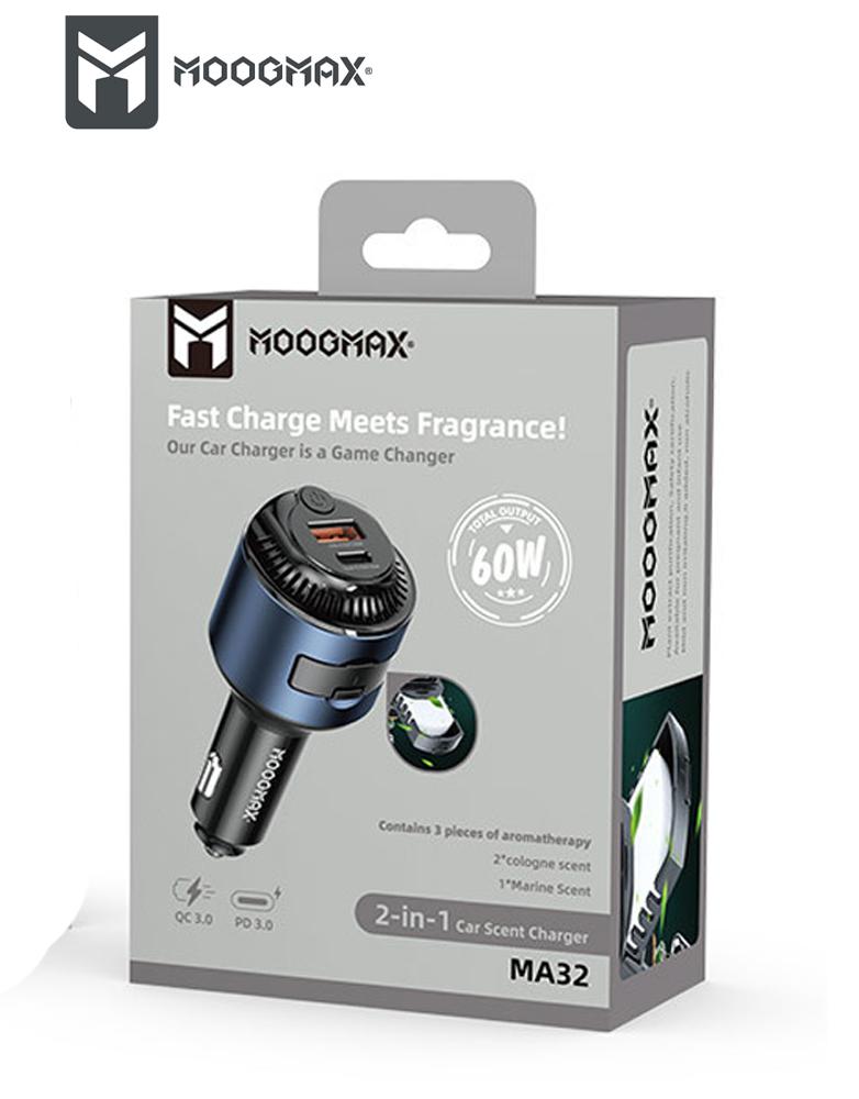 شاحن سيارة 60 واط MOOGMAX MA32 - منفذين Type-C و USB - مع فواحة عطرية