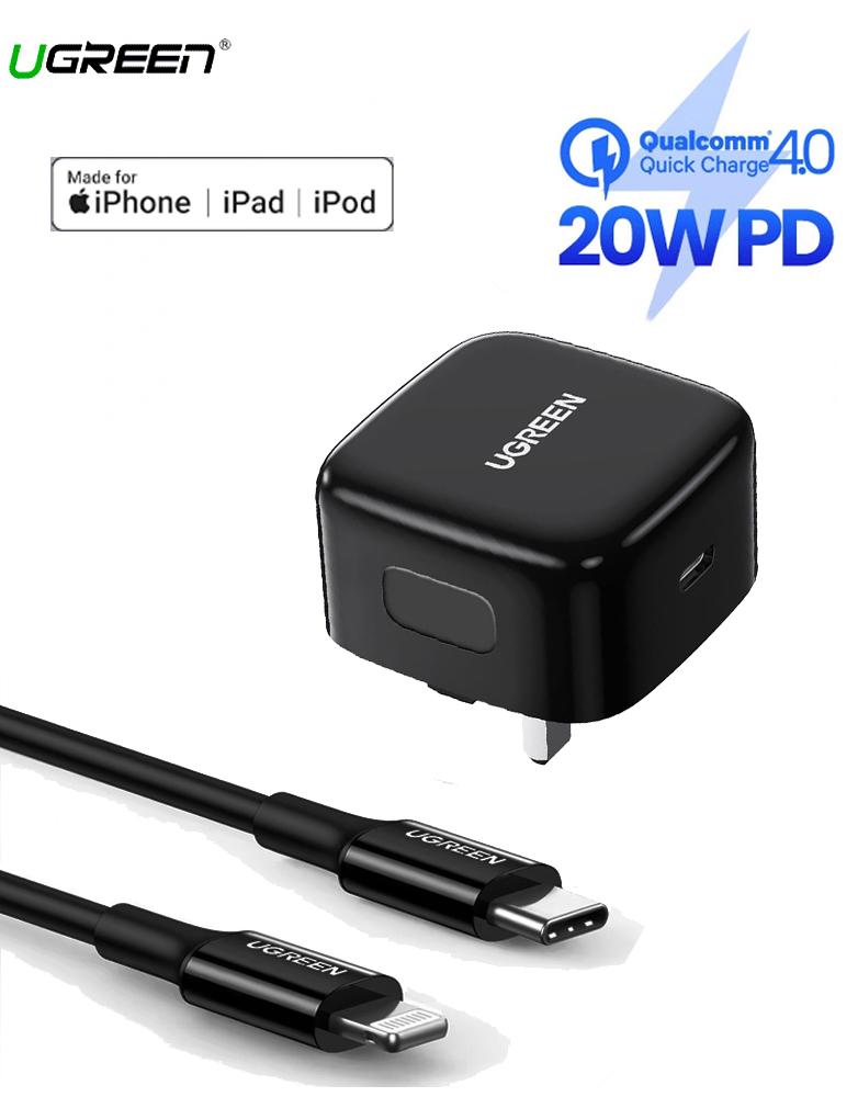 شاحن جداري مع كابل ايفون UGREEN CD137 - شاحن بقوة 20 واط منفذ Type-C