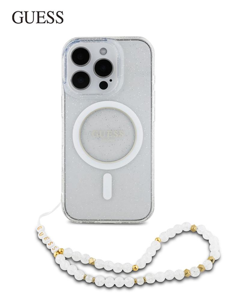 جراب ايفون 16 برو من GUESS - بريق لامع شفاف - سوار لؤؤي - حلقة MagSafe