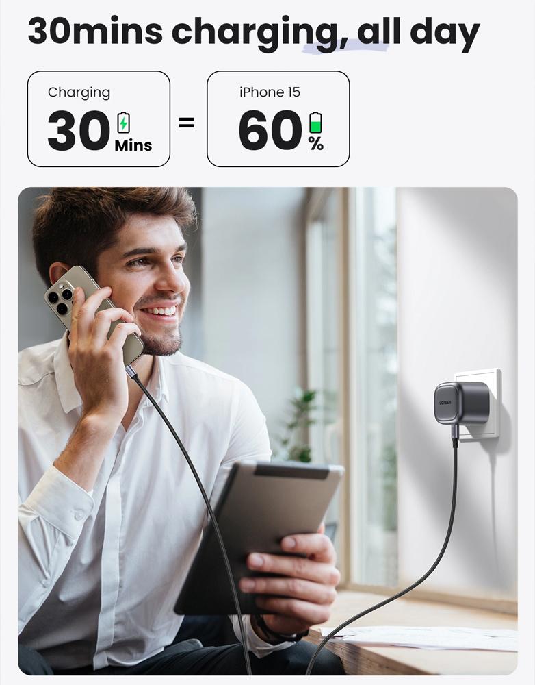 شاحن جداري 30 واط UGREEN CD305 Type-C -شحن السريع بتقنية GaN - رمادي