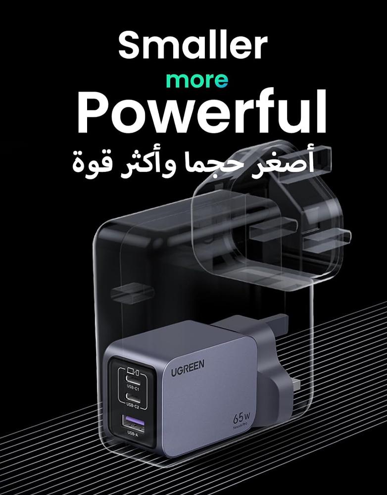 شاحن نيكسود برو Ugreen X755 GaN - منفذين Type-C ومنفذUSB - بقوة 65 واط