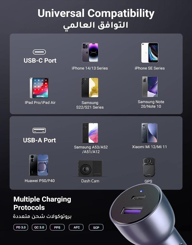 شاحن سيارة بقوة 52 واط UGREEN CD213 - منفذ Type-C - منفذ USB -  رمادي