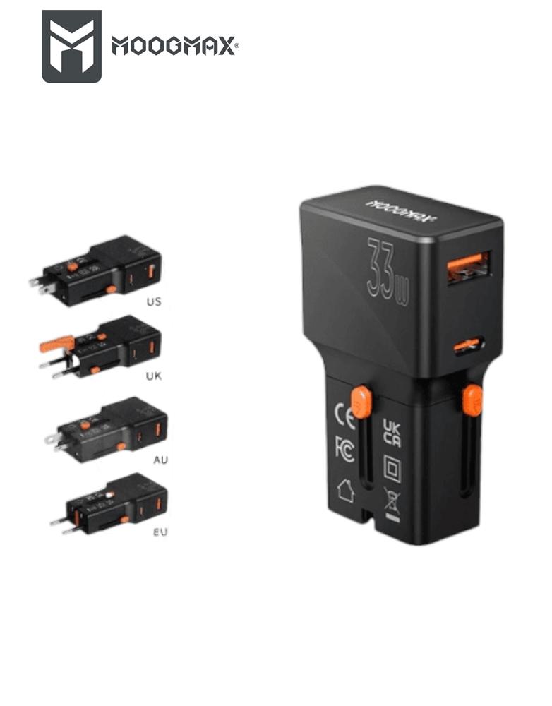 شاحن سفر عالمي 33 واط MOOGMAX MX1 - متعدد المقابس -منفذين Type-C و USB