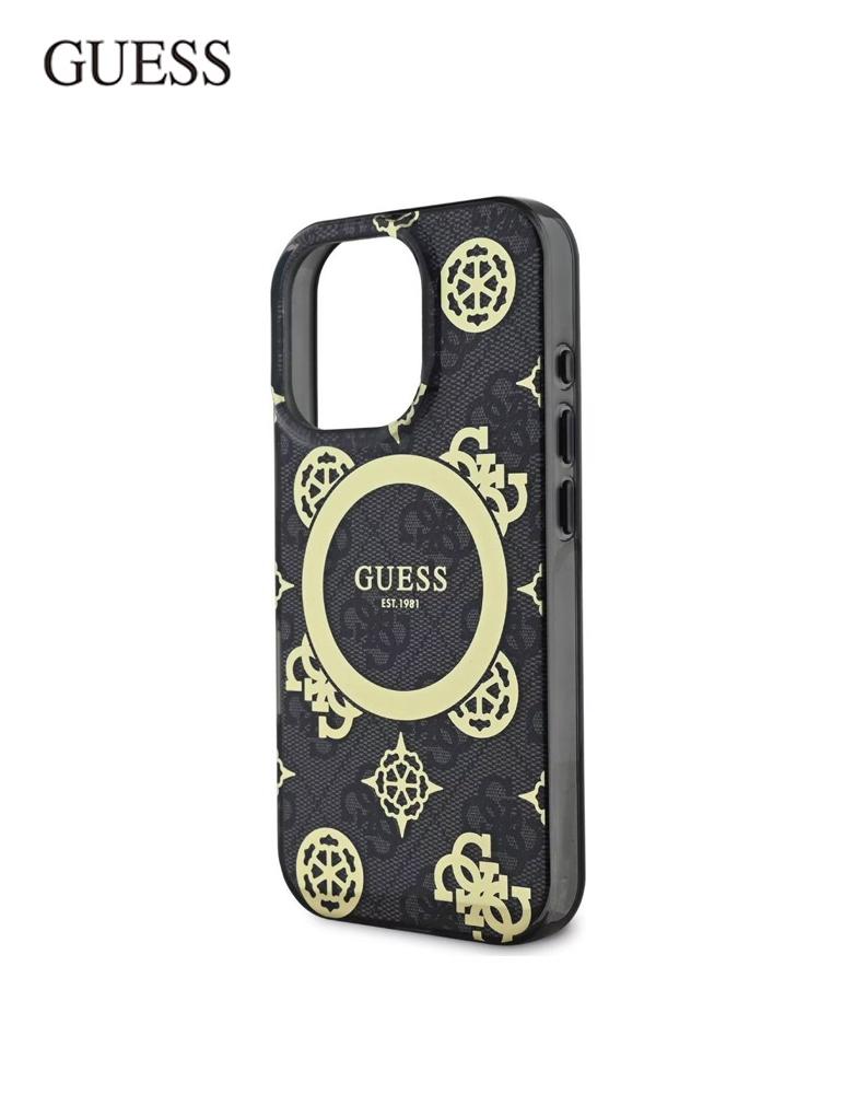 جراب ايفون 16 برو Guess - تصميم يجمع بين نقشة 4G وزهور الفاوانيا -أسود