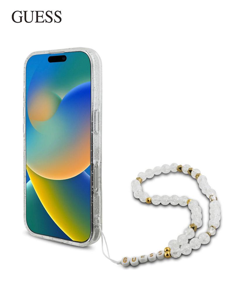 جراب ايفون 16 برو من GUESS - بريق لامع شفاف - سوار لؤؤي - حلقة MagSafe