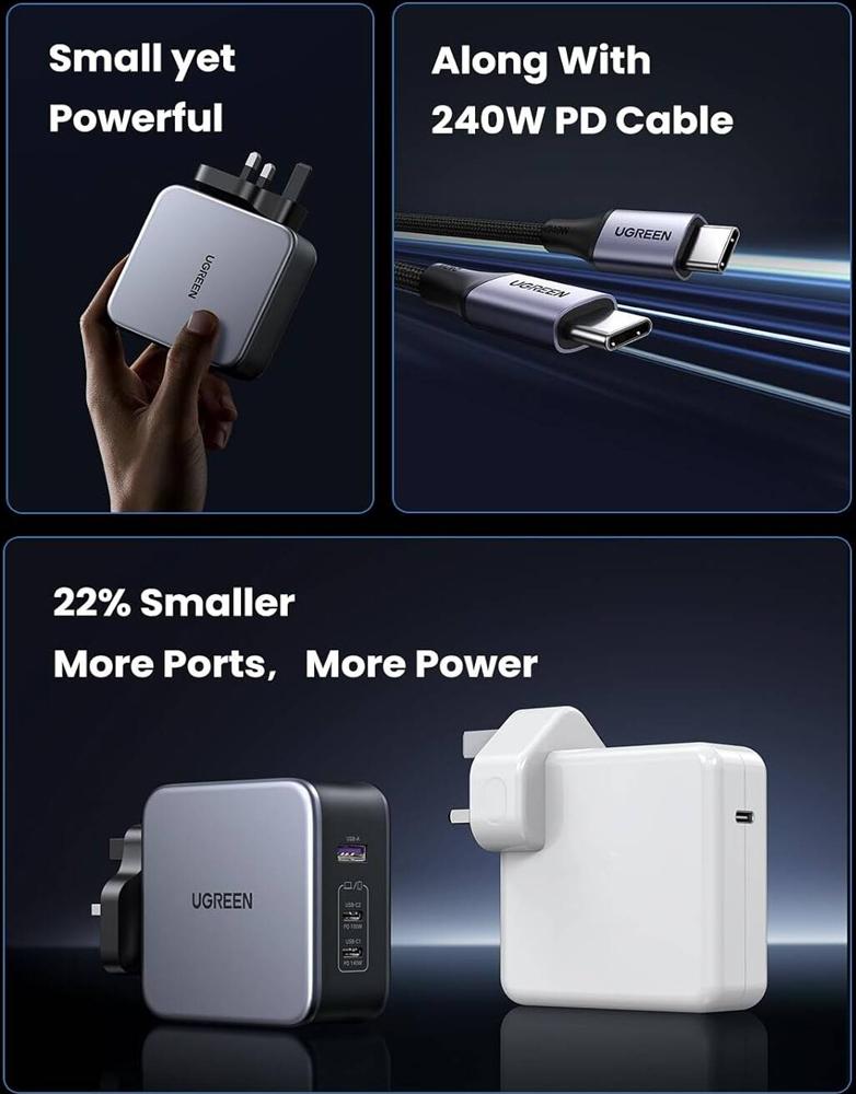 شاحن نيكسود Ugreen CD289 GaN - منفذين Type-C ومنفذ USB - بقوة 140 واط