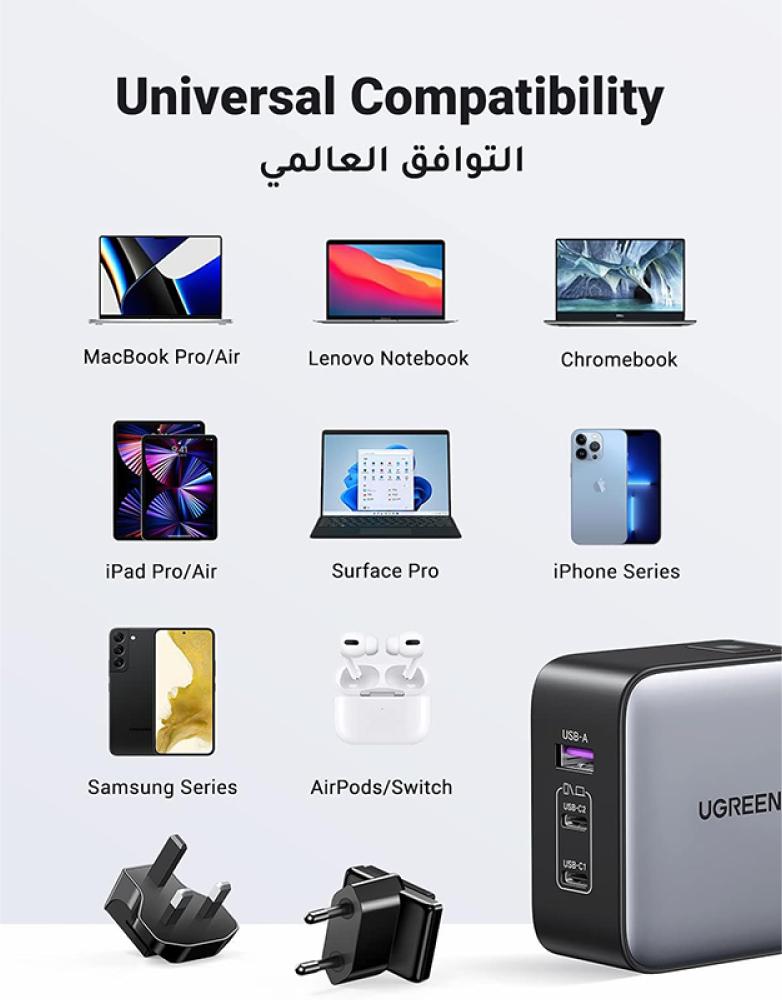شاحن عالمي 65 واط UGREEN - منفذين Type-C ومنفذ USB - بثلاثة مقابس طاقة