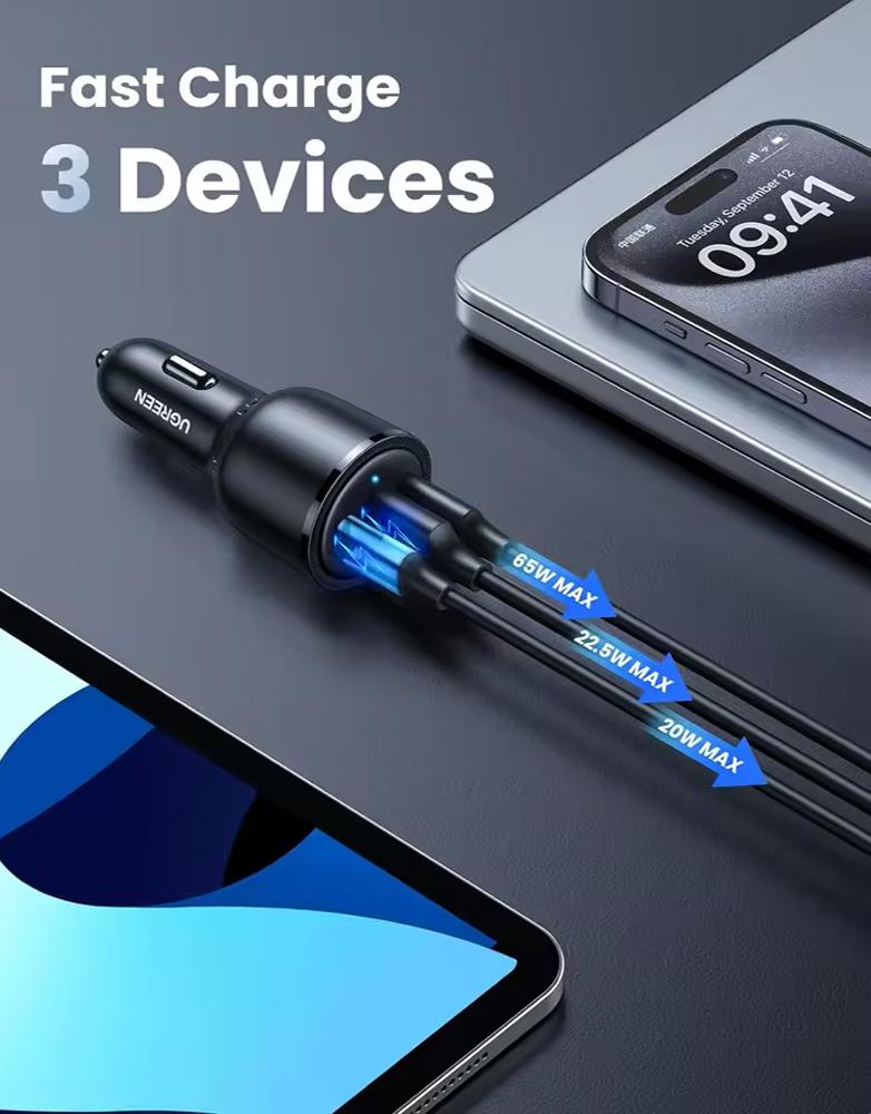 شاحن سيارة بقوة 69 واط UGREEN CD239 - ثلاثة منافذ Type-C و USB - أسود