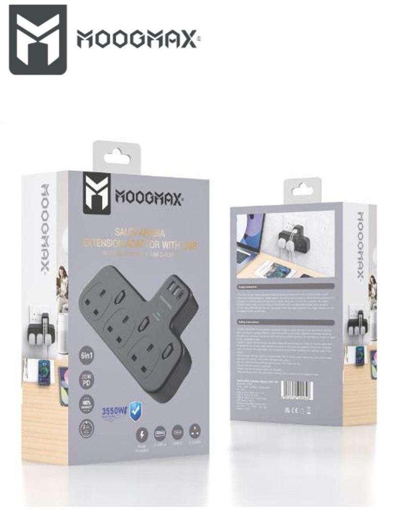 فيش وشاحن جداري 6 في 1 MOOGMAX بـ3 مداخل طاقة وبـ3 منافذ 2USB و Type-