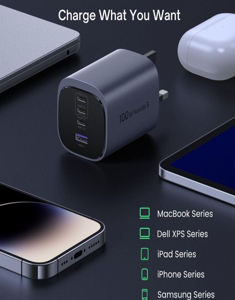شاحن جداري 100 واط UGREEN X565 - بـ 3 منافذ Type-C ومنفذ USB-A - رمادي