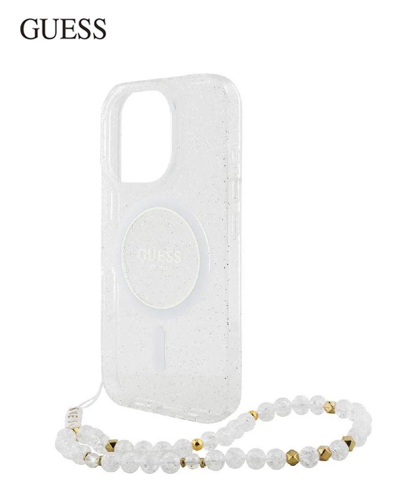 جراب ايفون 16 برو من GUESS - بريق لامع شفاف - سوار لؤؤي - حلقة MagSafe