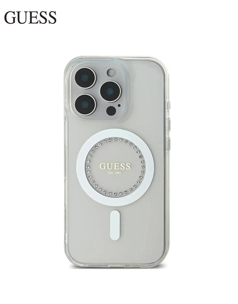 جراب ايفون 16 برو من Guess - ترصيعات كريستالية حول حلقة MagSafe - ابيض