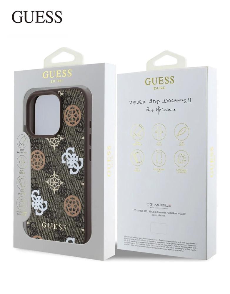 جراب ايفون 16 برو ماكس من Guess - تصميم شعار نقش GUESS 4G وشعار Peony