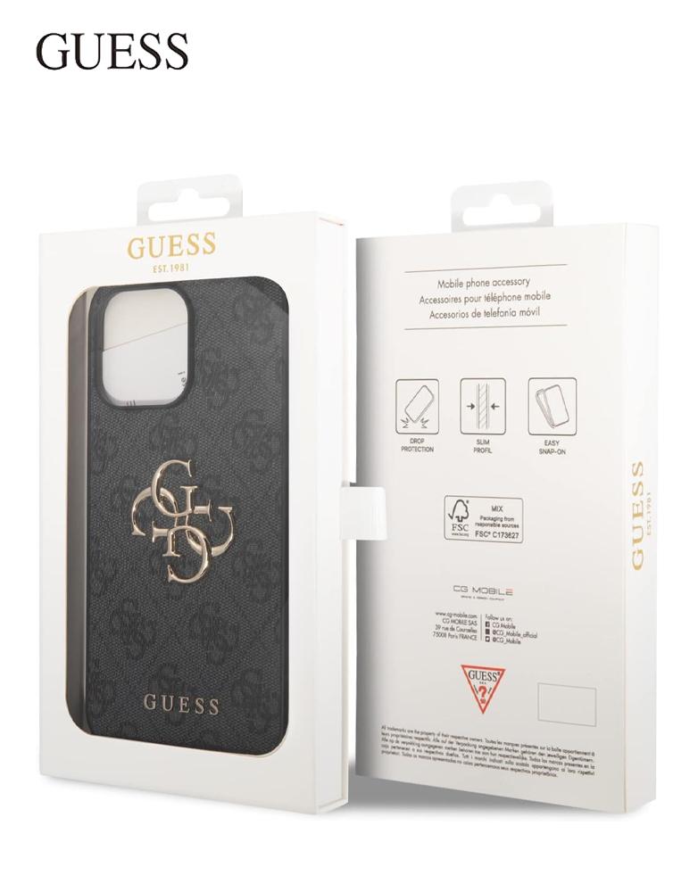 كفر ايفون 15 برو ماكس - بتصميم نقش 4G وشعار GUESS معدني - يدعم MagSafe
