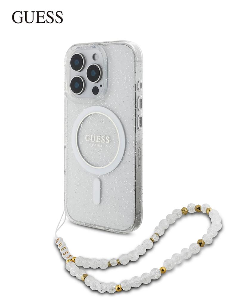 جراب ايفون 16 برو من GUESS - بريق لامع شفاف - سوار لؤؤي - حلقة MagSafe
