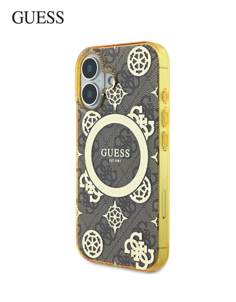 جراب ايفون 16 من Guess - تصميم يجمع بين نقشة 4G وزهور الفاوانيا - بني