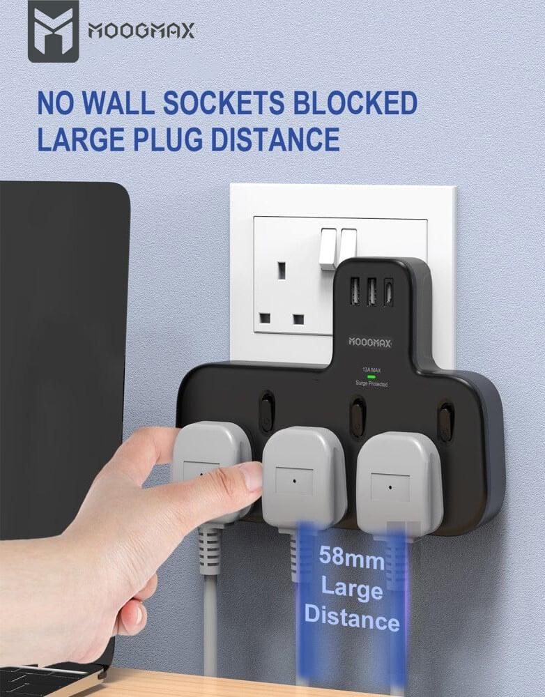 فيش وشاحن جداري 6 في 1 MOOGMAX | بـ3 مداخل طاقة | 3 منافذ 2USB + Type-C | أسود MX-EC001