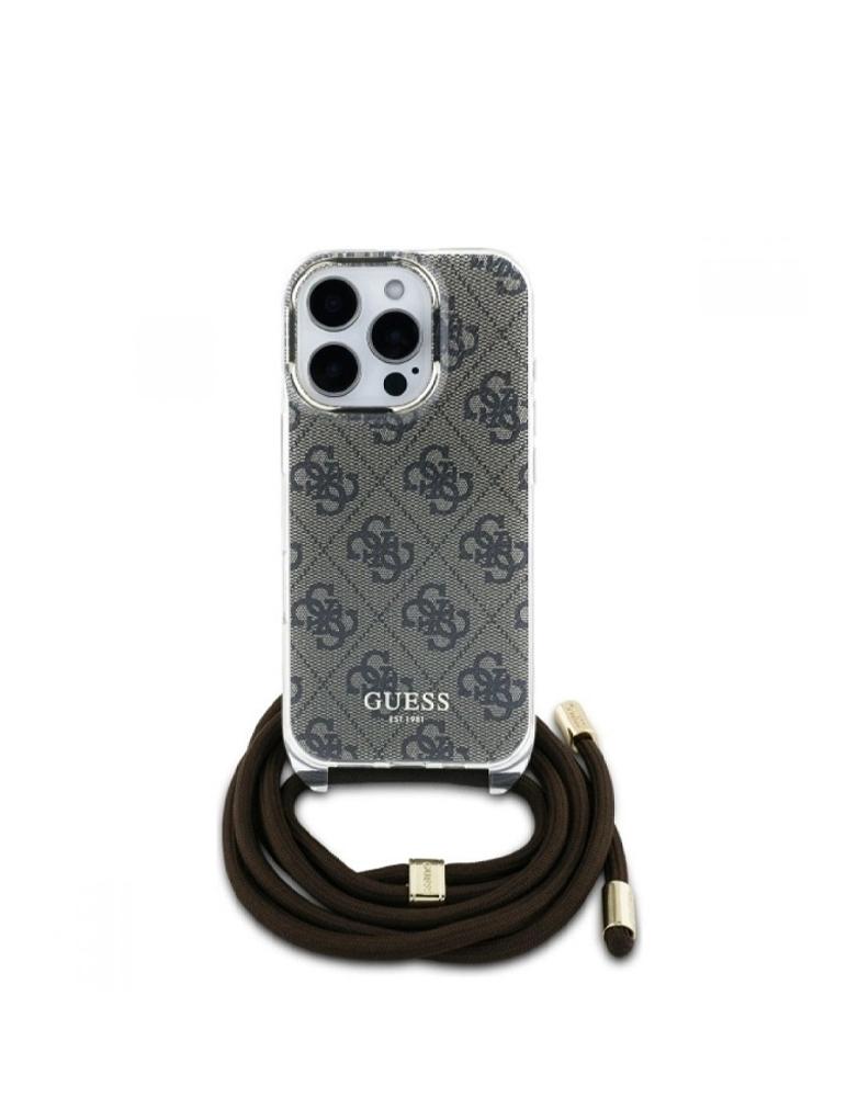 كفر ايفون 16 برو من GUESS - بتصميم نقشة 4G وشعار GUESS - حبل كتف - بني