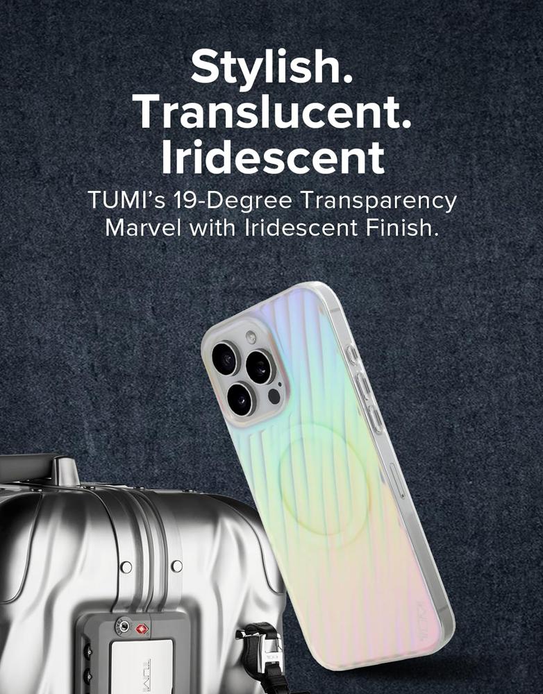 جراب ايفون 16 برو من Tumi | بتصميم الغطاء خطوط حقائب TUMI الشهيرة | بحلقة MagSafe | للون الطيفي الشفاف