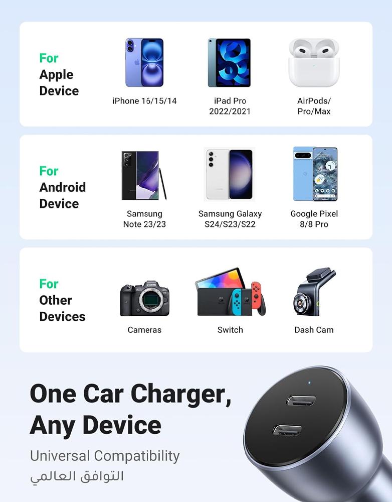 شاحن سيارة بقوة 40 واط UGREEN CD213 - منفذين Type-C شحن السريع - رمادي