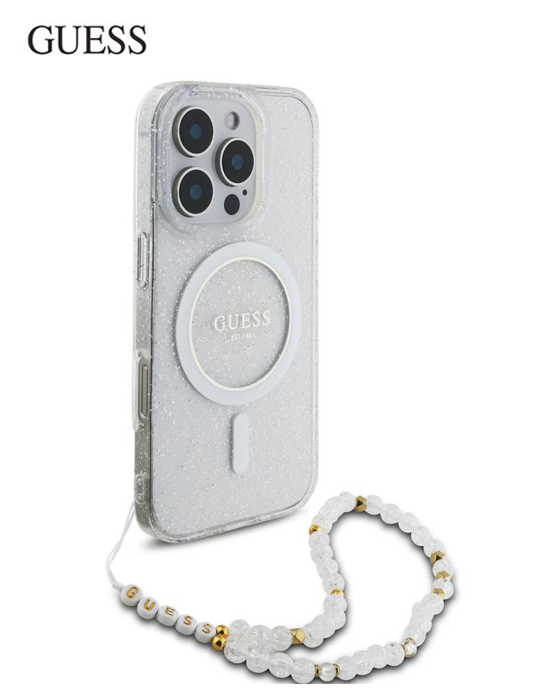 جراب ايفون 16 برو من GUESS - بريق لامع شفاف - سوار لؤؤي - حلقة MagSafe