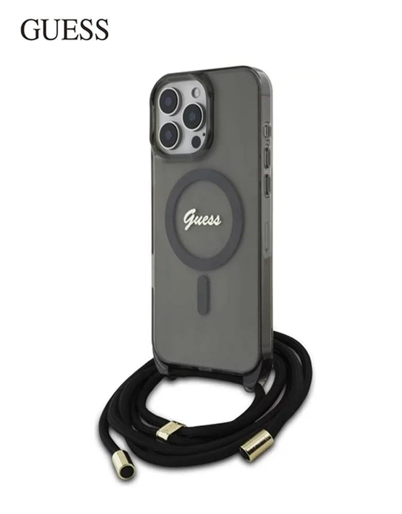 كفر ايفون 16 برو ماكس GUESS - حبل حول الرقبة - حلقة MagSafe - أسود