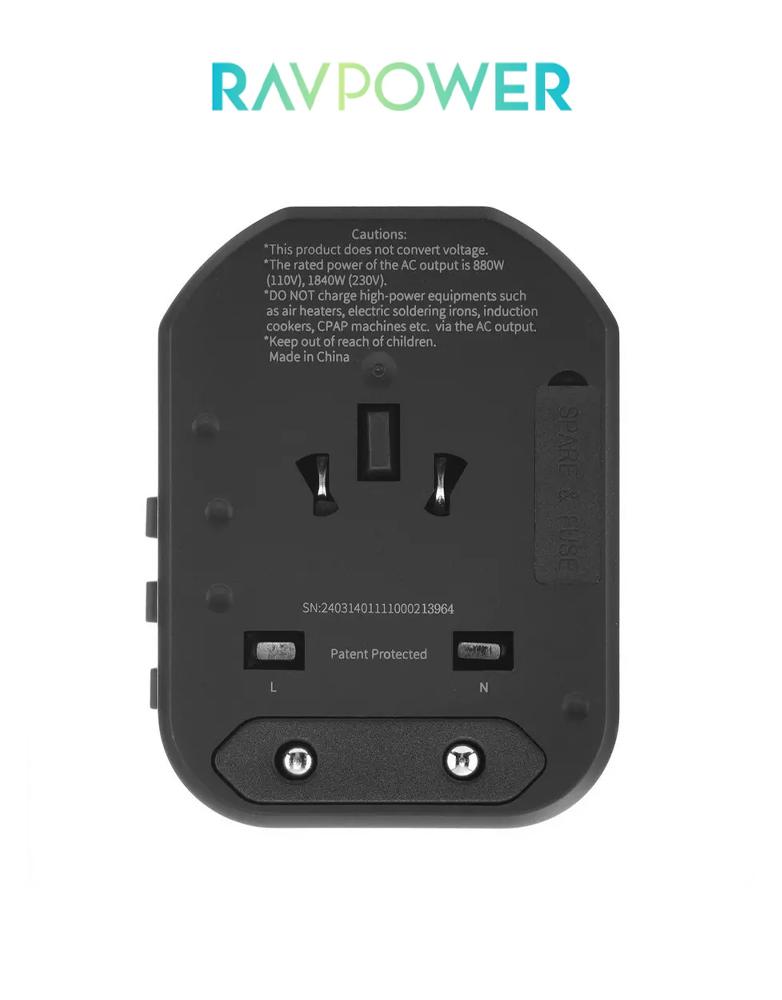 شاحن سفر  راف باور 20 وات المداخل منفذين USB ومنفذ PD ومقبس RP-PC1033