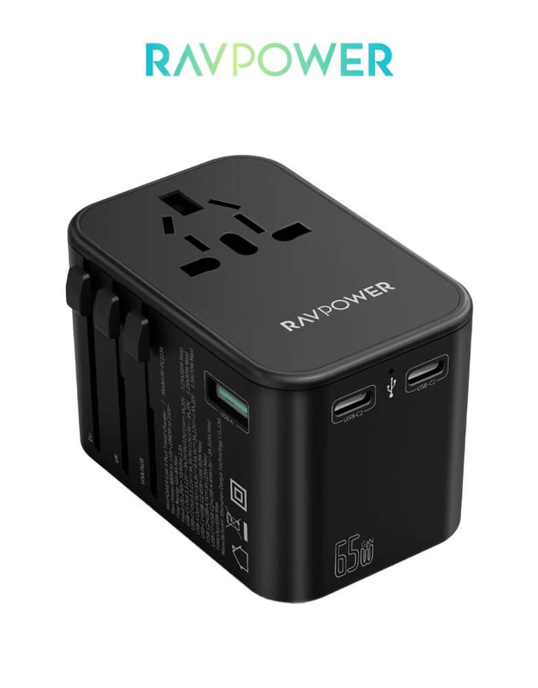 فيش سفر  عالمي قوة 65 واط ثلاثة منافذ منفذين تايب سي ومنفذ USB ومقبس ك