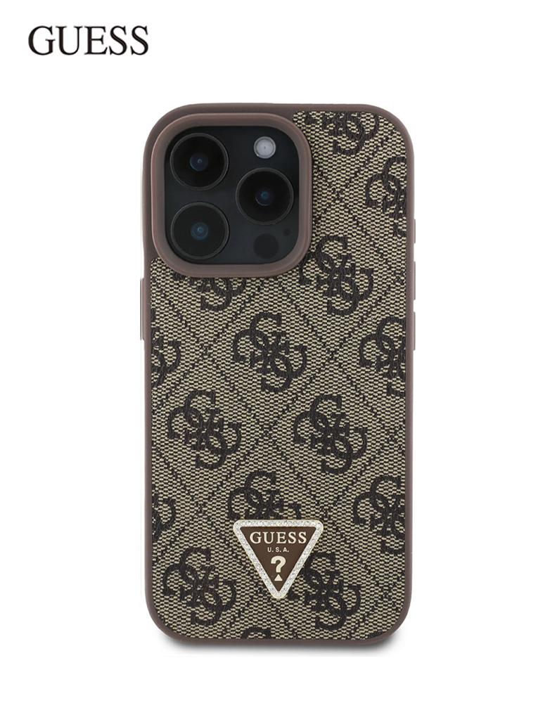 كفر ايفون 16 برو GUESS - بنقش 4G شعار معدني مثلث مرصع بالكريستال - بني