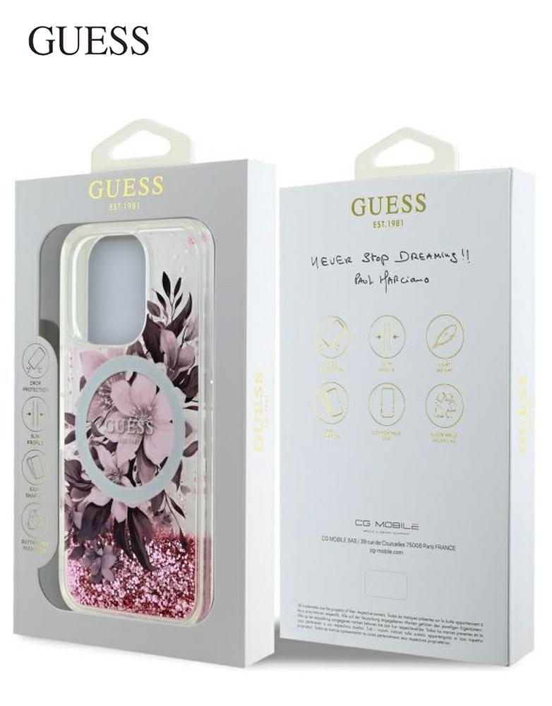 جراب ايفون 15 برو ماكس MagSafe من Guess - تصميم سائل لامع متحرك - وردي