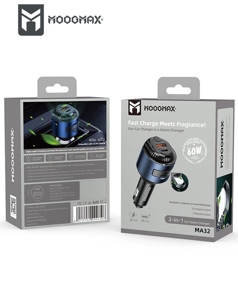 شاحن سيارة 60 واط MOOGMAX MA32 - منفذين Type-C و USB - مع فواحة عطرية