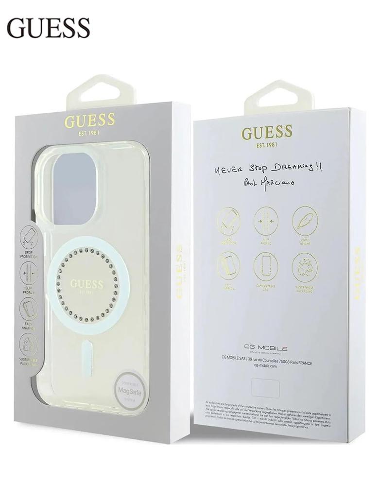 جراب ايفون 16 برو من Guess - ترصيعات كريستالية حول حلقة MagSafe - ابيض
