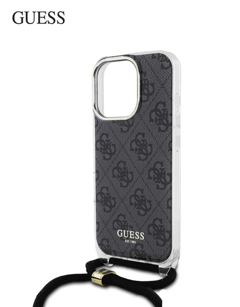كفر ايفون 16 برو من GUESS - بتصميم نقشة 4G وشعار GUESS - حبل كتف -أسود