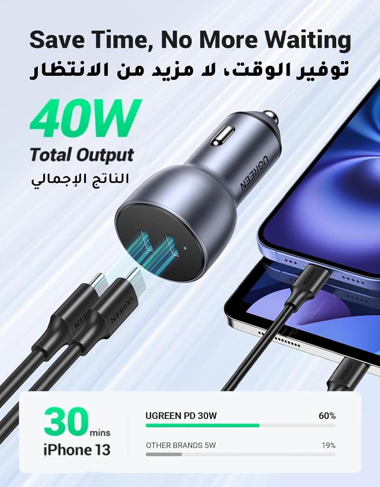 شاحن سيارة بقوة 40 واط UGREEN CD213 - منفذين Type-C شحن السريع - رمادي