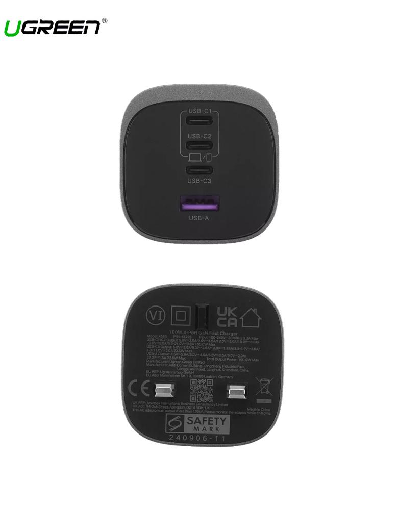 شاحن جداري 100 واط UGREEN X565 - بـ 3 منافذ Type-C ومنفذ USB-A - رمادي