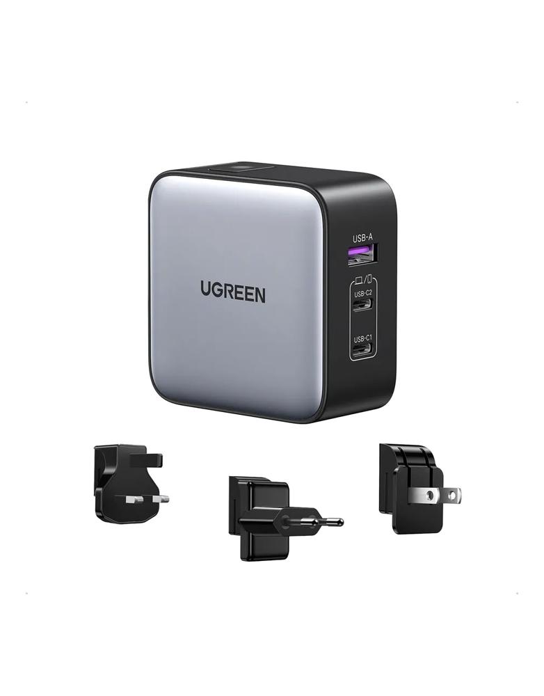 شاحن عالمي 65 واط UGREEN - منفذين Type-C ومنفذ USB - بثلاثة مقابس طاقة