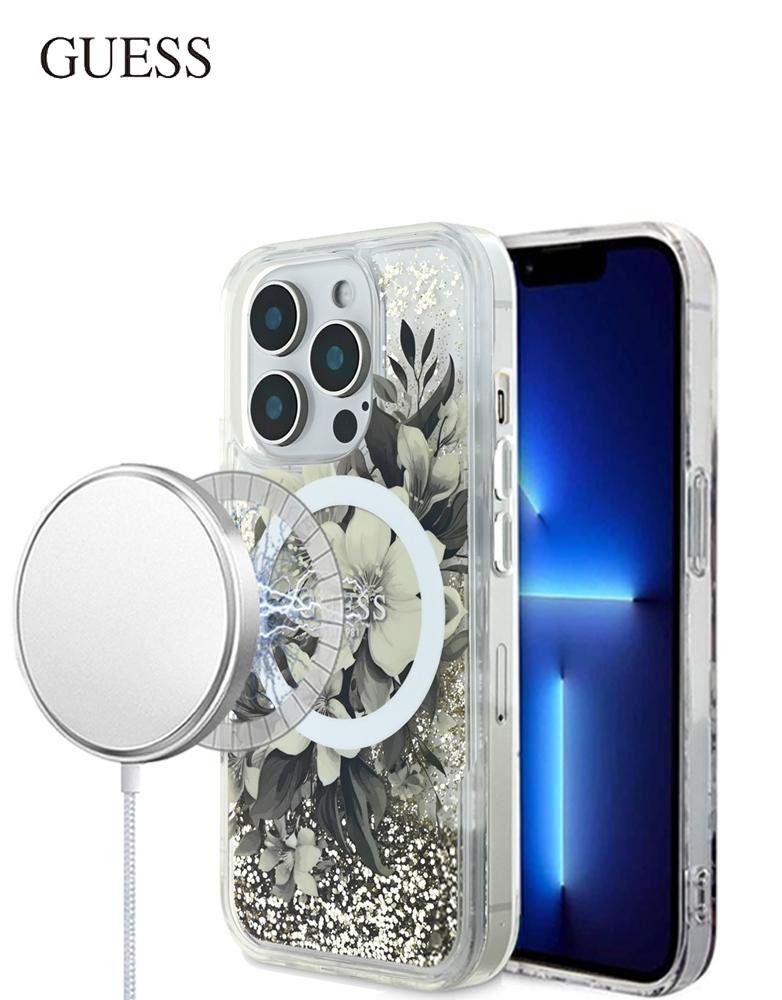 جراب ايفون 15 برو ماكس MagSafe من Guess - تصميم سائل لامع متحرك - بيج